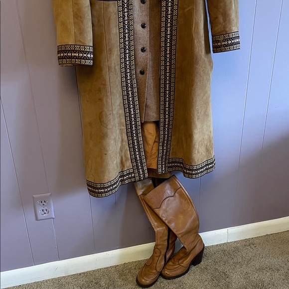 Talbots Tan Suede Embroidered Trim Long Coat - Picture 5 of 6